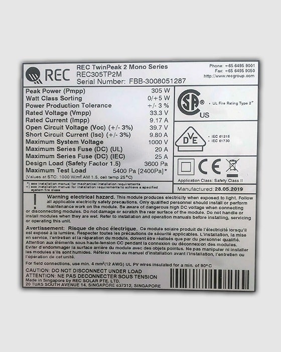 SanTan Solar REC 305W Label
